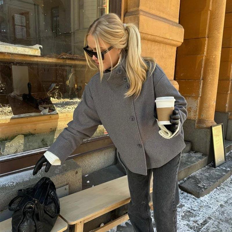 2025 Autumn Jackets Women Casual Loose Stand Neck Long Sleeve Single Breast Short Jacket Fashion Solid Lady Warm Outwear