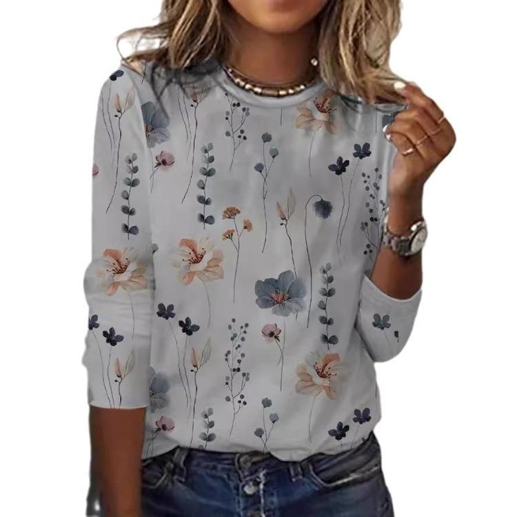 2023 European American Fashion Women Long Sleeve T-Shirt Floral Print Cross Border Trendy