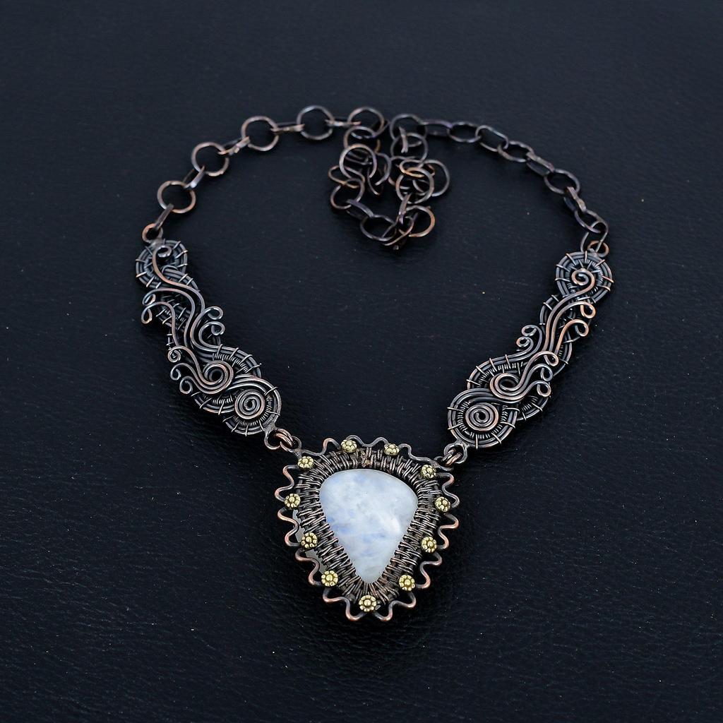 Rainbow Moonstone Necklace Gemstone Jewelry, 999 Copper Wire Wrapped Necklace, Adjustable Handmade Beautiful Jewelry Chain Necklace