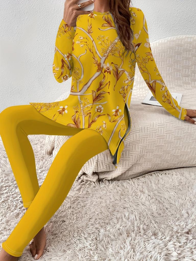 Vintage floral print crew neck long-sleeved set slim sports slim tight yoga trousers set