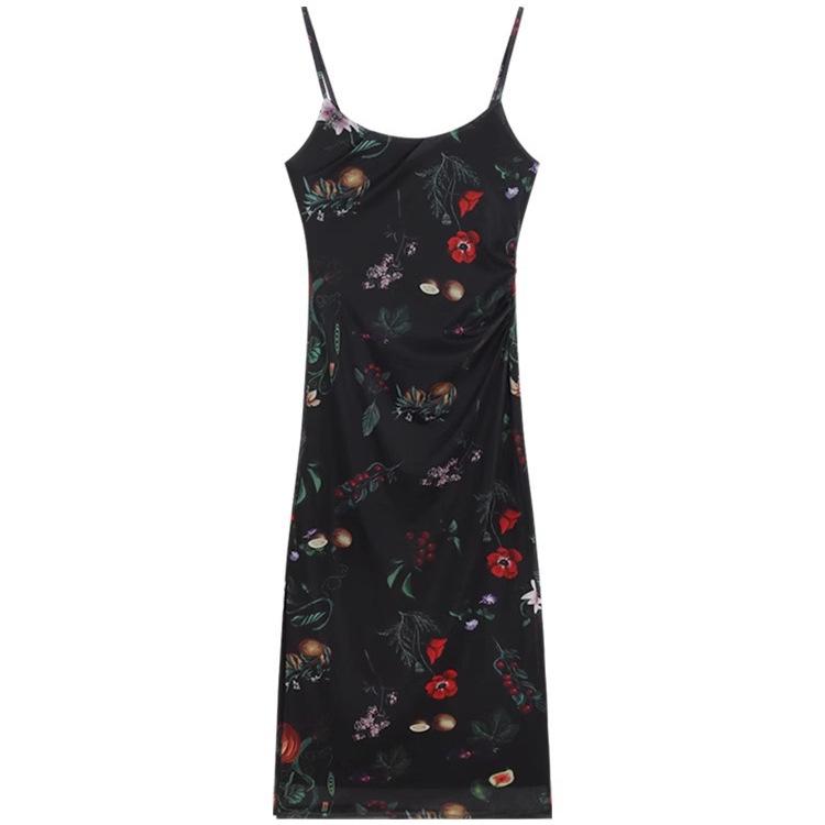 Low-Neck Off-Shoulder Slim-Fit Printed Camisole Dress, Waist-Cinching, Hip-Hugging, Summer Style for Women