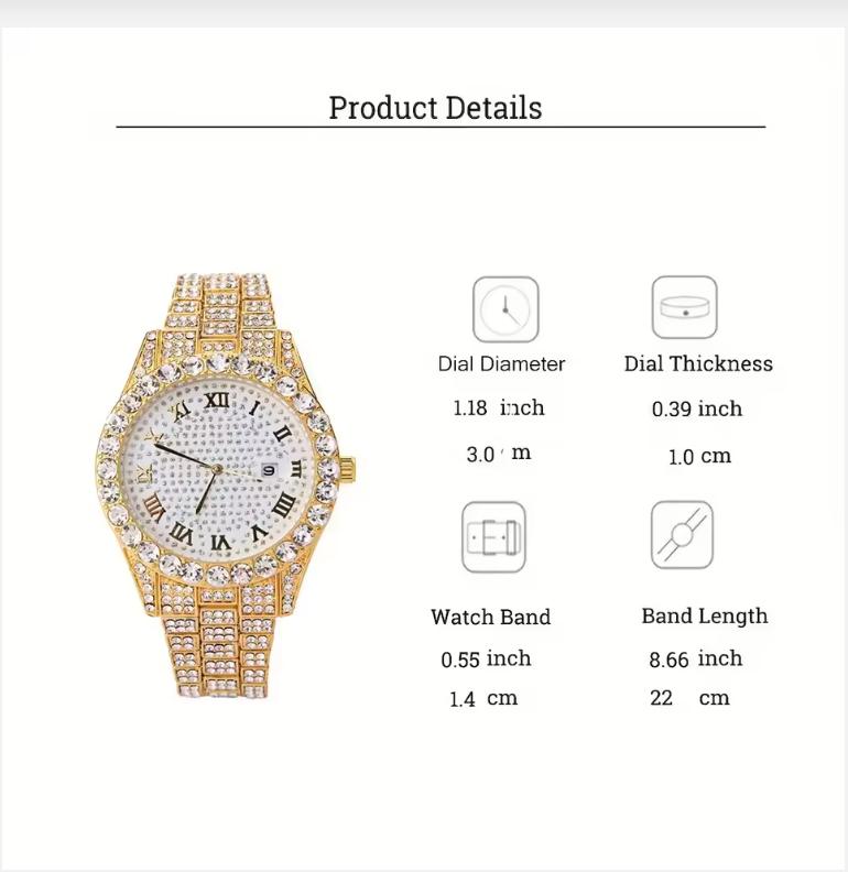 xiaomi 2pcs/set - Glitzy Rhinestone Watch & Cuban Link Bracelet Set - Sparkling Quartz Timepiece with Durable Steel Strap