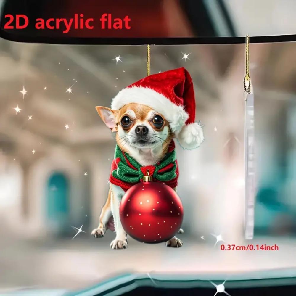 2D Chihuahua Christmas ornament for car mirrors, home decor, and keychains. A perfect holiday gift.