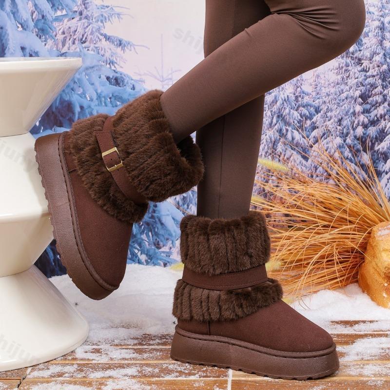 Winter Women Boots Retro Fur Comfortable Warm Long Plush Snow Boots Buckle Thick Sole Round Toe Cotton Shoes 2026 Botas Mujer