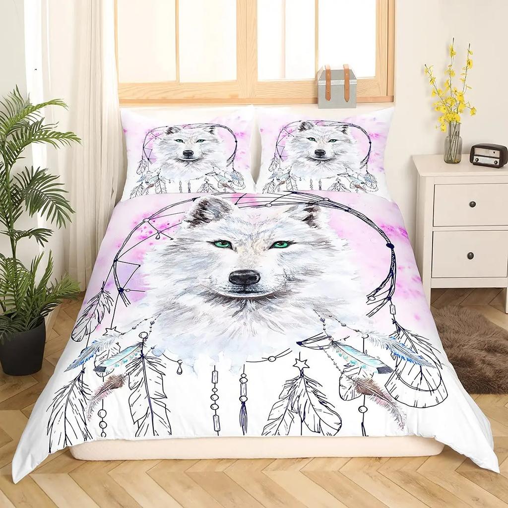 Wolves Dreamcatcher Duvet Cover Set, Animal Prints Queen Size Comforter Cover, Dreamlike Vintage Feather Wolf Bedding 3pcs Sets