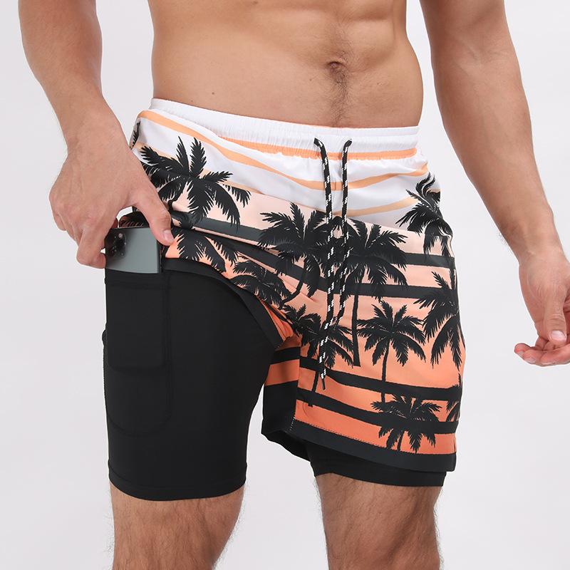 Men's Summer Sports and Leisure Printed Double-layer Anti Glare Beach Shorts