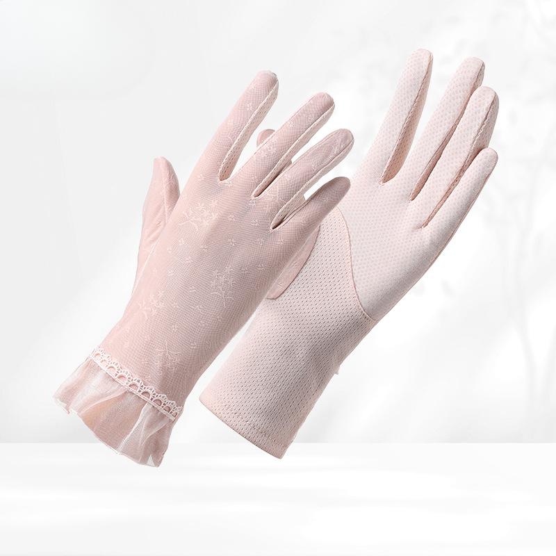Spitzen-Sonnenhandschuhe für Damen im Sommer für Outdoor-Fahrten und Autofahren Eisseide Anti-Rutsch Dünner Stil Anti-UV Touchscreen Vollfinger
