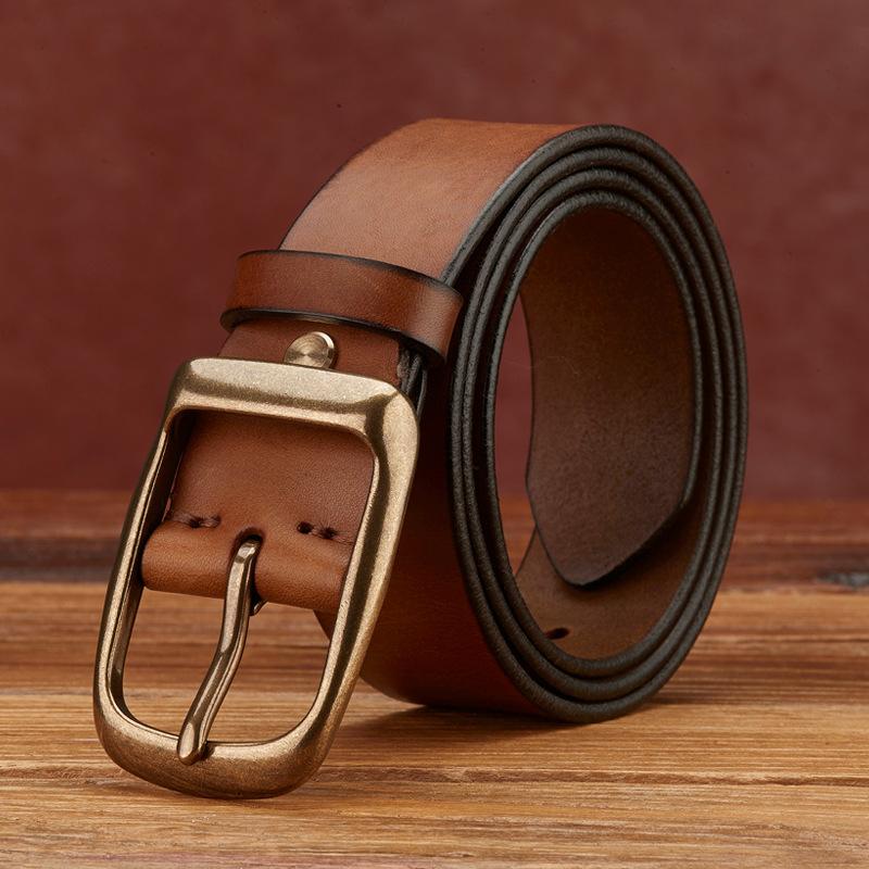 

Men S First Layer Cowhide Belt, Genuine Leather Casual Versatile Men S Copper Buckle Handmade Retro Korean Version Personalized Middle-Aged And Young 130cm