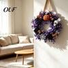 Fall Home Decor Wreath Halloween Wreaths for Front Door, Skull Pumpkin with Berries, Black Festive Entrance Door Roses, Purple Leaves Doors,