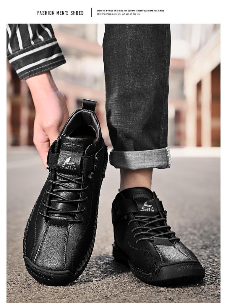 Pánské velké kožené nazouvací řidičské boty, ručně šité ležérní mokasíny s plochou podrážkou