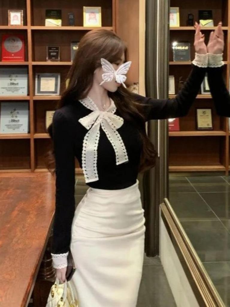 French Style Bow Lace Tie Long Sleeve Slimming Bodycon Top for Autumn and Winter