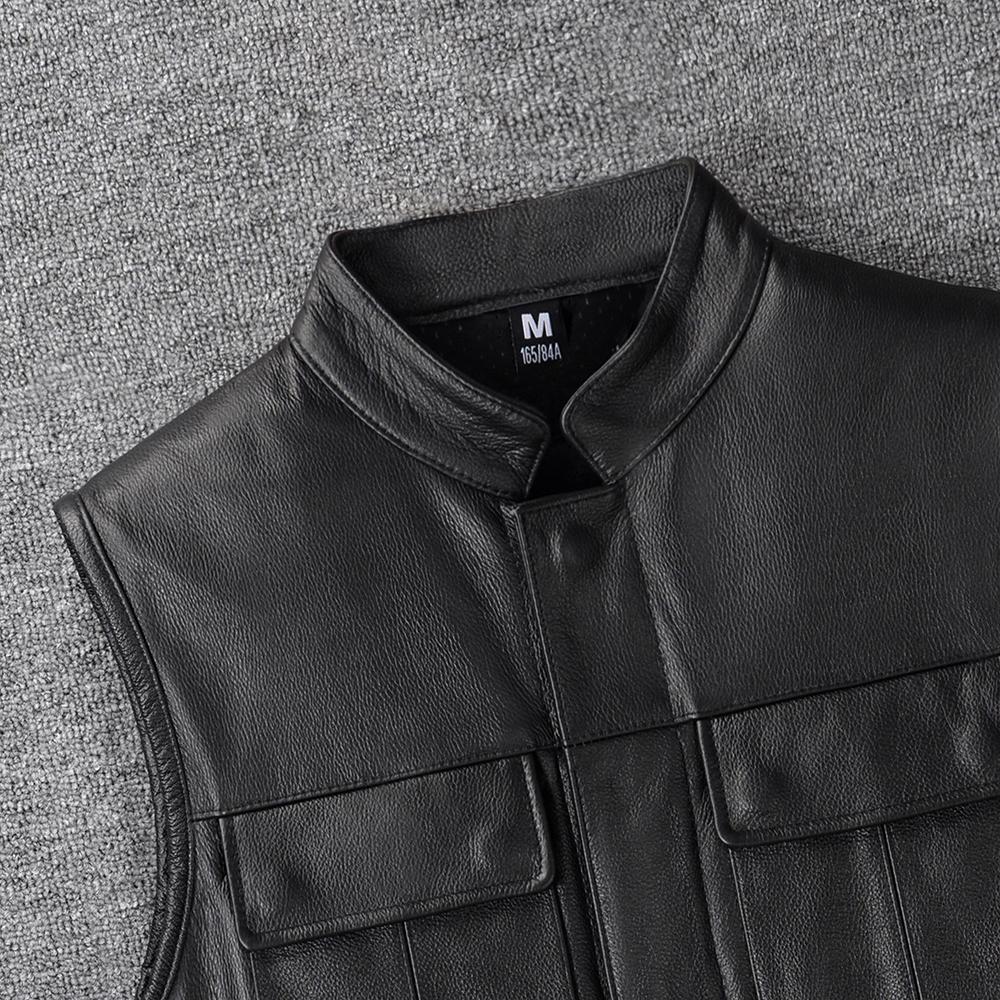 Black Genuine Cow Leather Vest Men Motorcycle Vests Slim Fit Men's Moto Club Biker Waistcoat Spring Summber