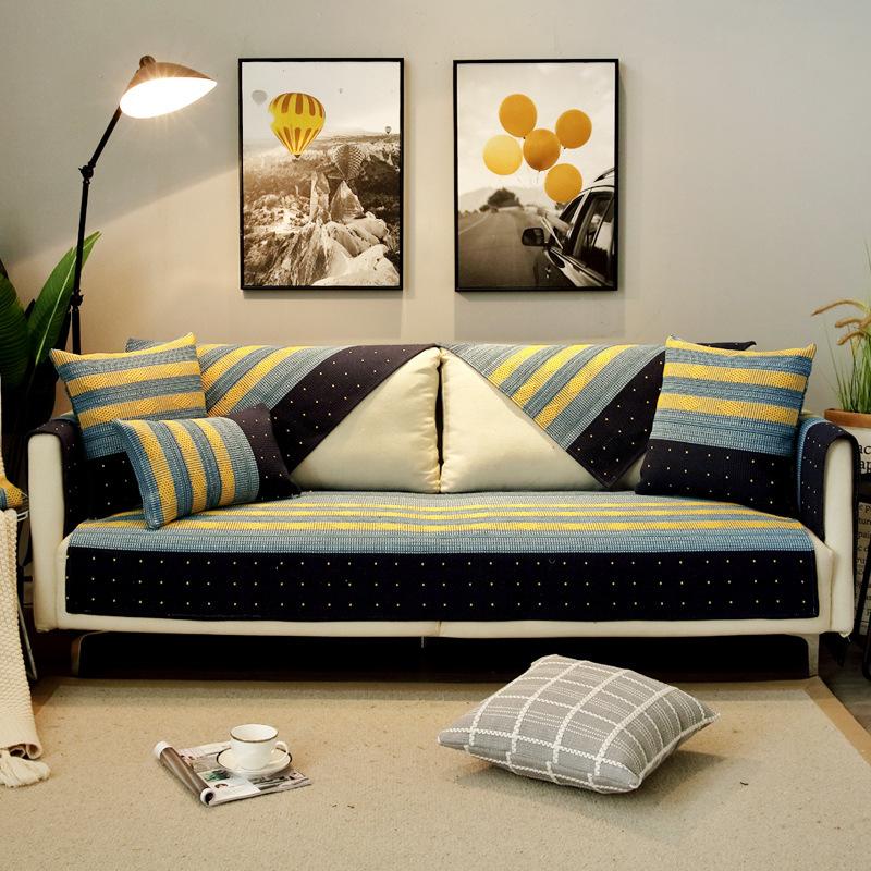 Nordic Modern Cotton and Linen Fabric Plaid Sofa Cushion Cover Four Seasons Universal Fresh Backrest Towel Full Covered