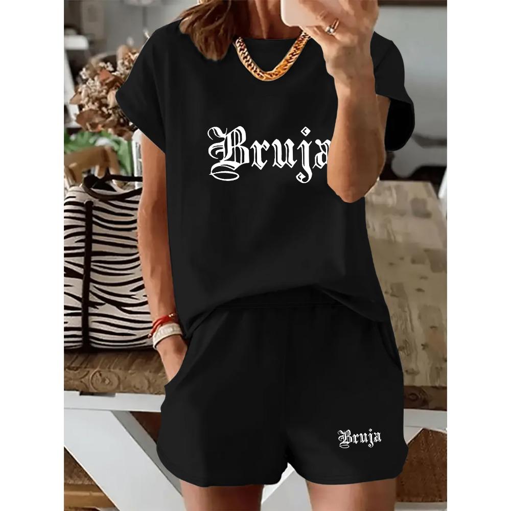 

Summer Simple Gothic Style Bruja Cursive Set, Color-Blocking Design, Loose and Versatile Daily Commute Outfit, Women s Clothing XL
