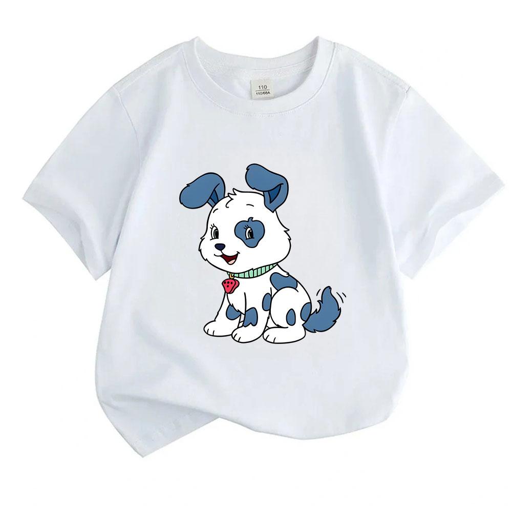 Kids Boys Girls Crew Neck Short Sleeve 100% Cotton T-Shirt, Cute Happy Blue Spotted Cartoon Puppy Print Casual Soft Comfortable Tee for Daily Wear Hol