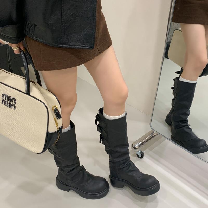 Belt buckle thick heel high boots women's winter new boots thick-soled wasteland women's boots medium heel round head boots