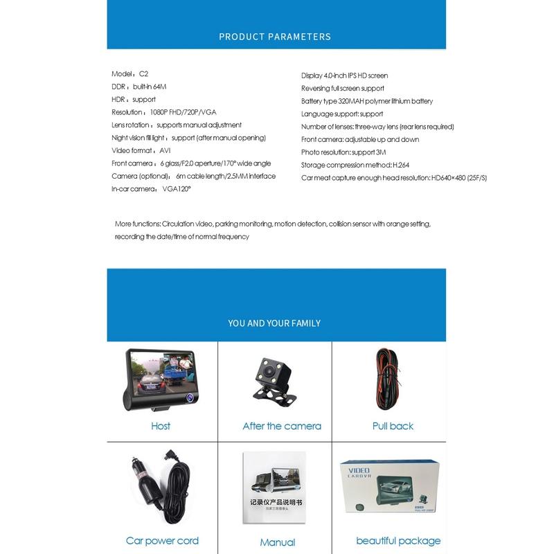 3 Cameras Lens 4.0 Inch Car DVR Camera Recorder FHD 1080P Night Vision Dash Cam Support Rearview Camera