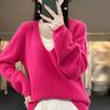 V-Neck Women's Long-Sleeve Pure Wool Sweater – Cozy Autumn/Winter Knitwear