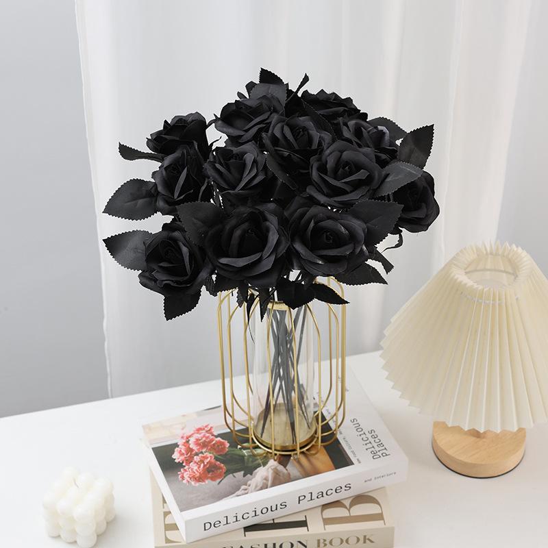 Fiori Finti di Halloween Rosa Nera Rosa Artificiale Decorazione Festiva Fiore Finto Vendita Calda Singola Rosa Nera