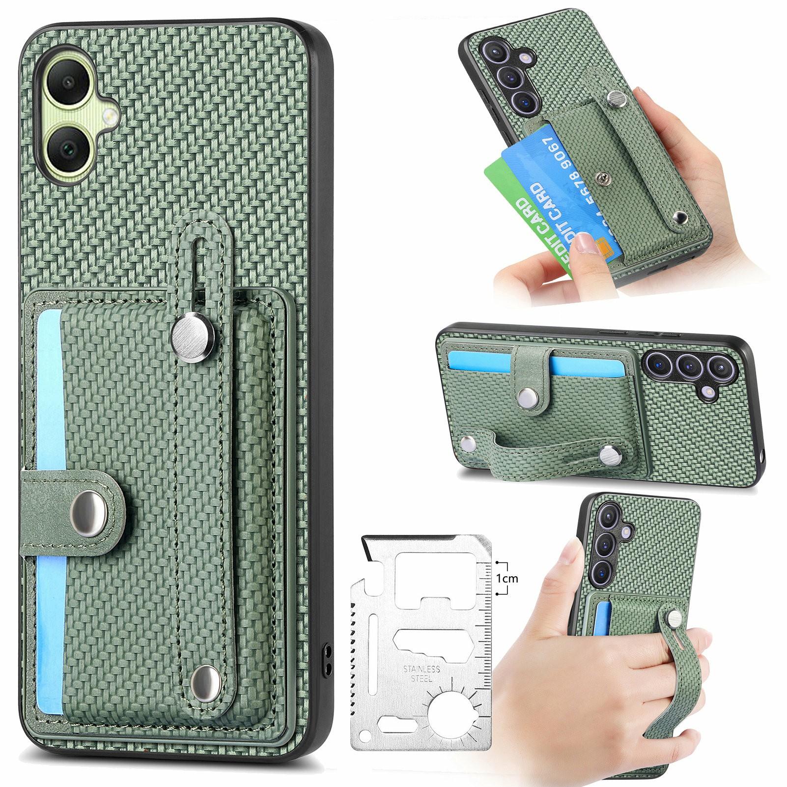 

For Samsung Galaxy A06 4G Case Wristband Anti-Drop Leather Back Cover Card Holder Green