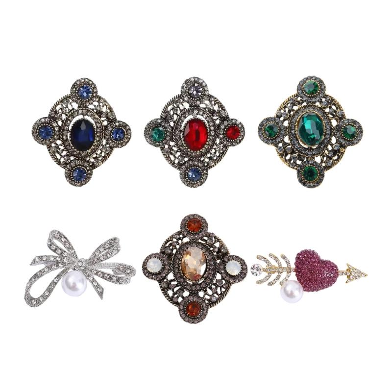 Sparkling Rhinestones Bowknot Heart Oval Brooch Pin Retro Design Lightweight Badge Pin For Dresses Coats And Suits