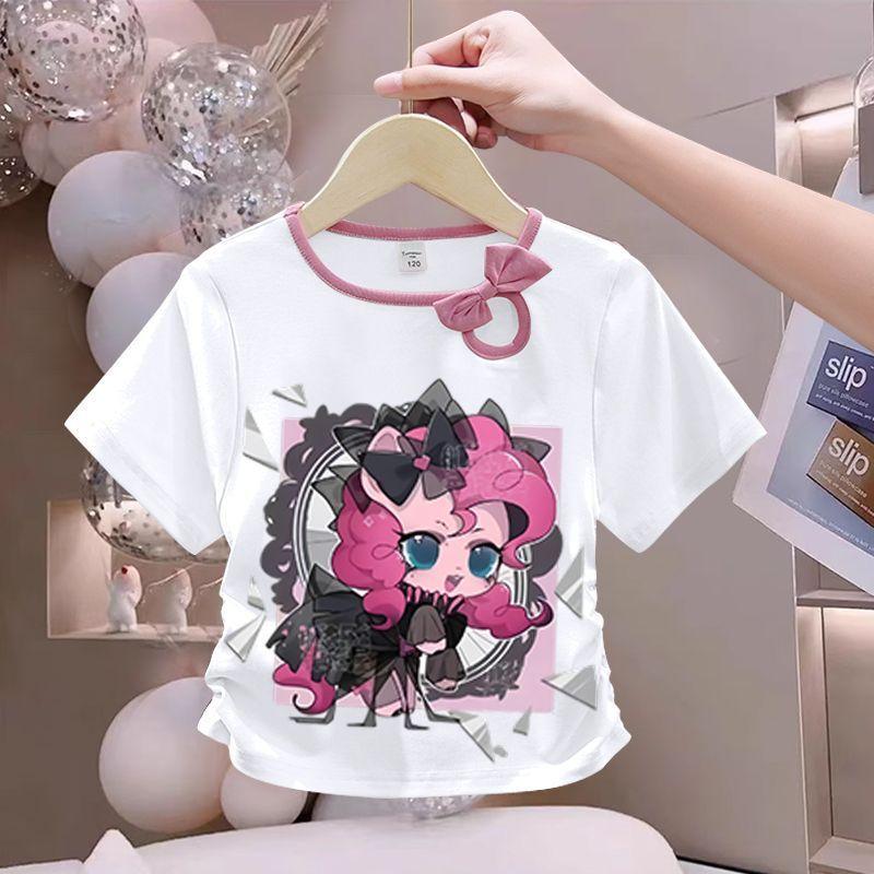 Girls' Fashionable Bow Tie Top for Summer, Children's Round-neck Short-sleeved Pure Cotton T-shirt