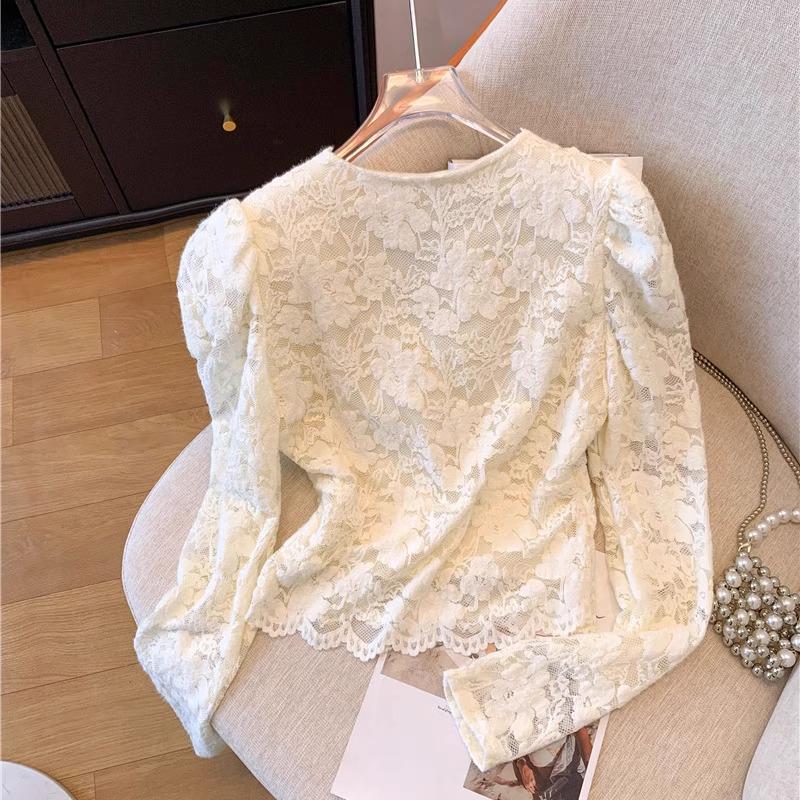 Women's Fluffy Lace Puff Sleeve V-Neck Top - Slimming Autumn/Winter Style