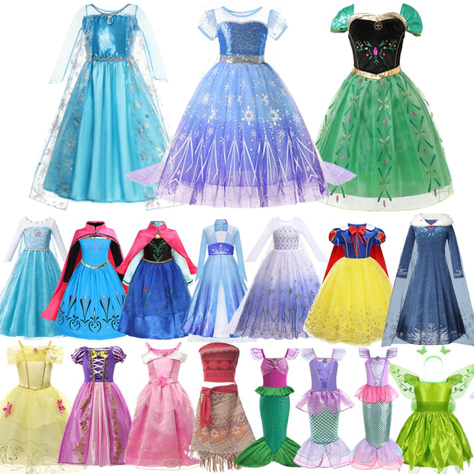 Kids Princess Costume Girls Elsa Anna Dress Carnival Cosplay Snow White Aurora Moana Rapunzel Mermaid Belle Party Outfits