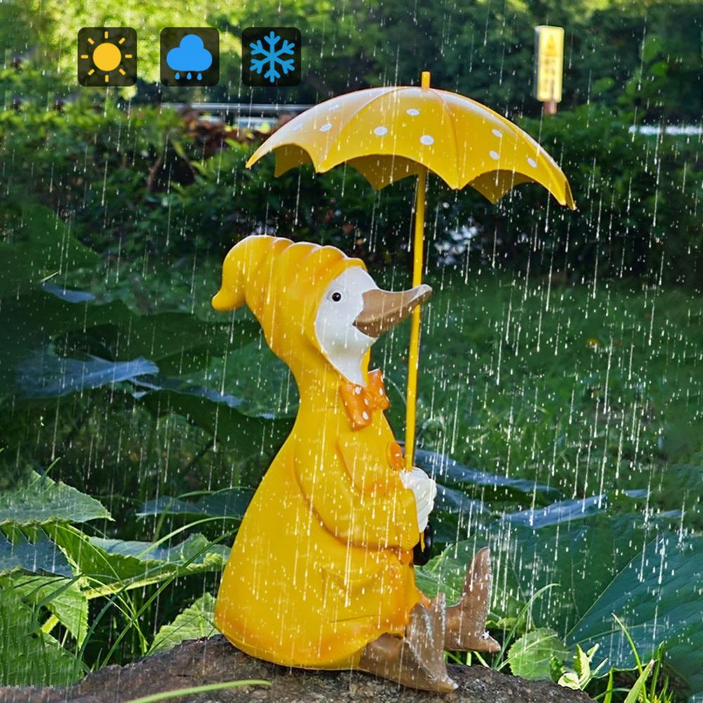 Holding Umbrella Duck Statue Outdoor Garden Yard Yellow Umbrella Duck Figurine Resin Animal Sculpture Home Office Decoration