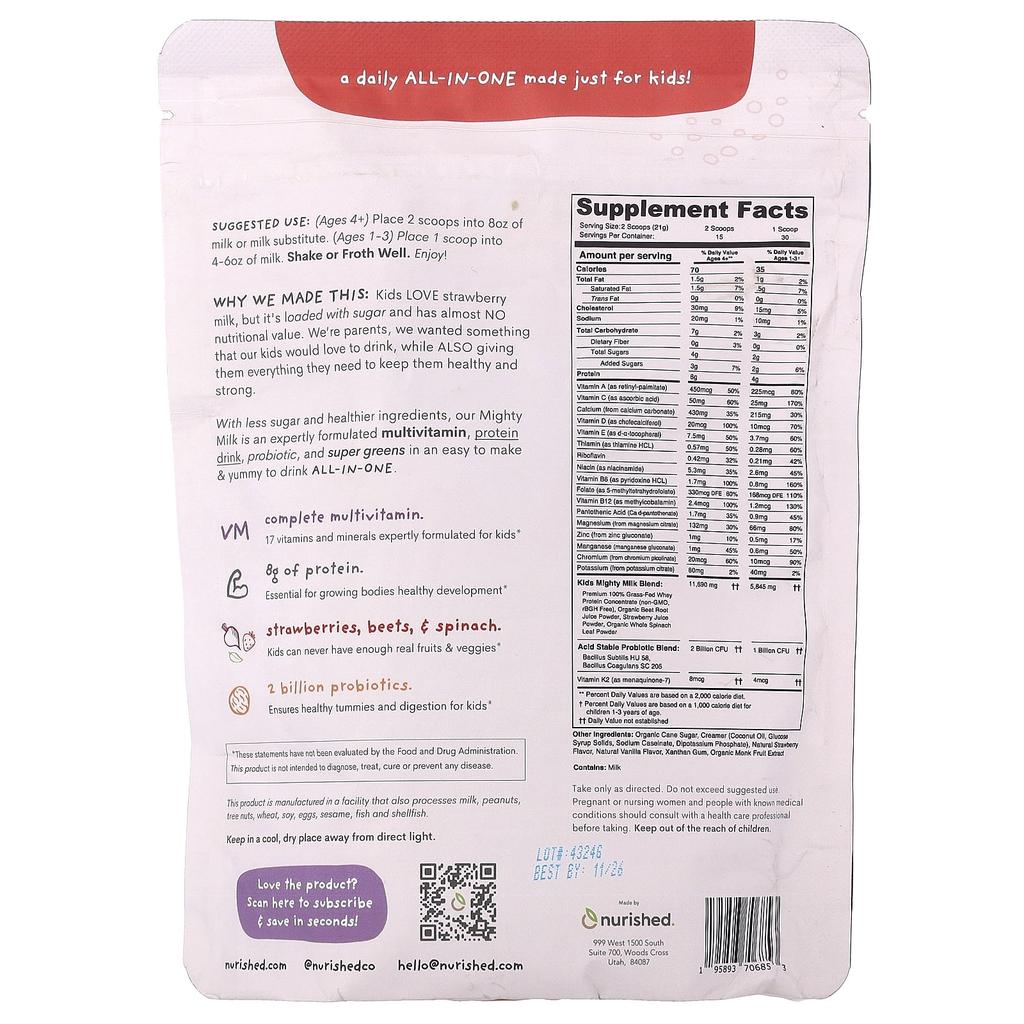 Nourished, Mighty Milk, Strawberry, 315g (11.1oz)