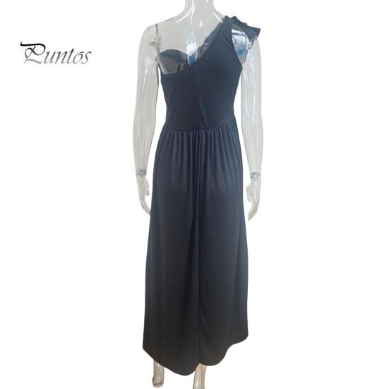 Dámské večerní šaty nařasené na jednom rameni plisované s vysokým pasem jednobarevné bez rukávů střih do A s velkým lemem Prom Cocktail Party Maxi společenské společenské šaty