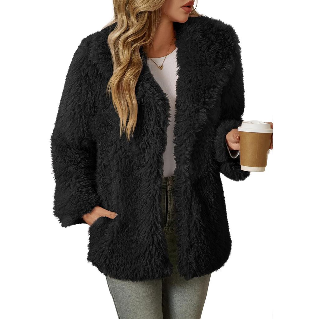 Womens Coat Lapel Collar Open Front Fuzzy Jackets Winter Warm Outerwear