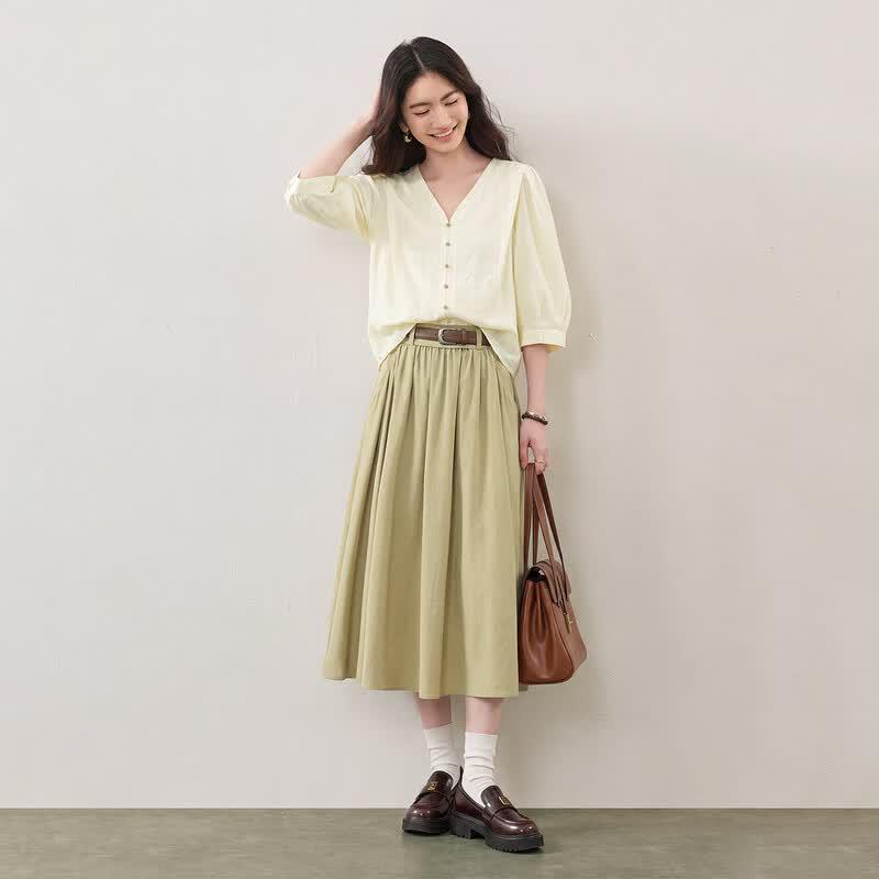 Women's Autumn Textured V-Neck Shirt & A-Line Skirt Set