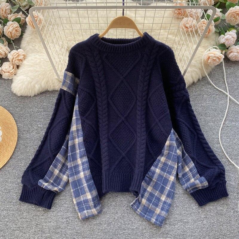 

Осень и зима, новая клетчатая рубашка с вышивкой, искусственная блузка из двух предметов, вязаная корейская свободная дизайнерская блузка с ленивым ветром