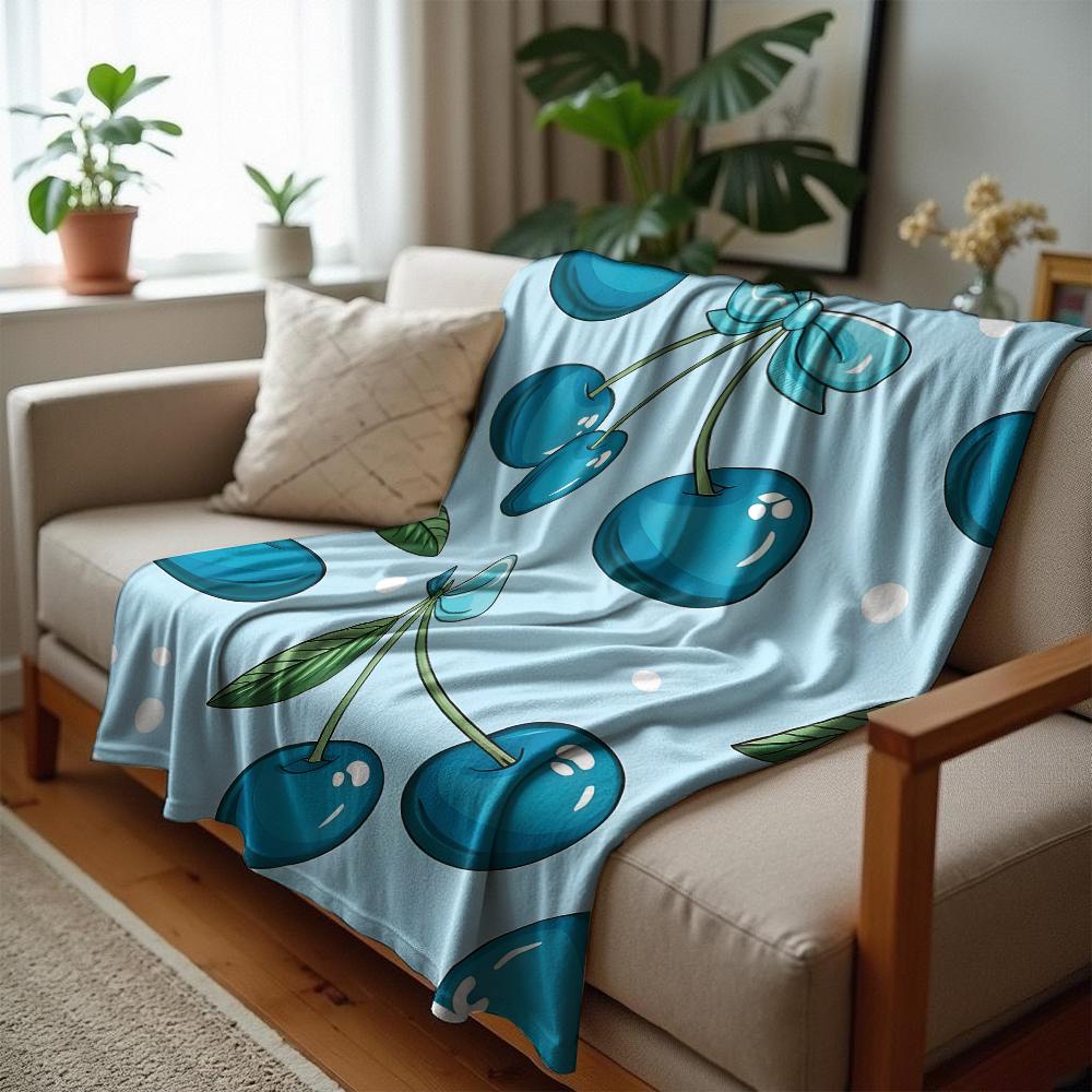 Light Blue Gingham Cherry Anime Cartoon Flannel Blanket Soft Warm Throw for Bedroom Sofa Car Kids Holiday Gift