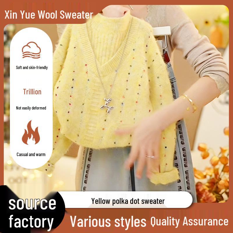 Yellow Polka Dot Half-High Neck Sweater - Thick Knitwear for Autumn/Winter 2025.