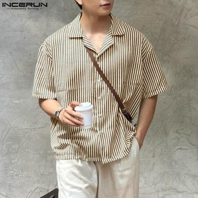 Sommer Vintage Herren Hemden mit Reverskragen, kurzen Ärmeln und Streifenmuster, Freizeithemden