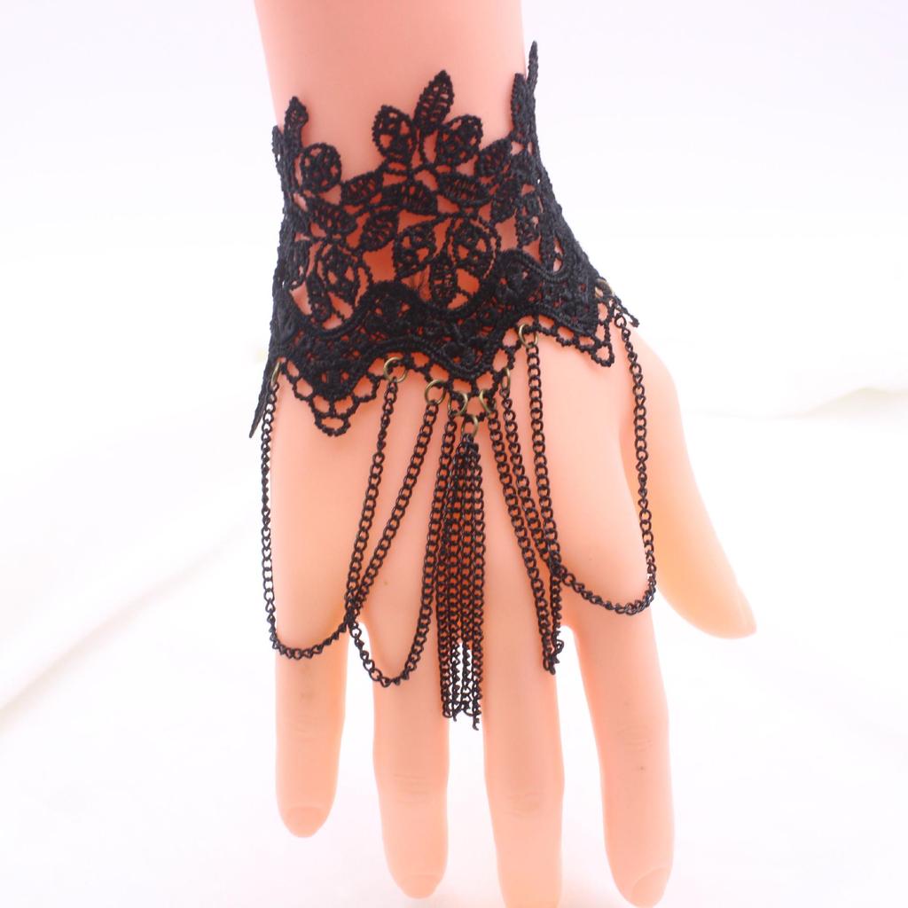 Korean Gothic Black Lace Tassel Chain Bracelet - Retro American & European Style