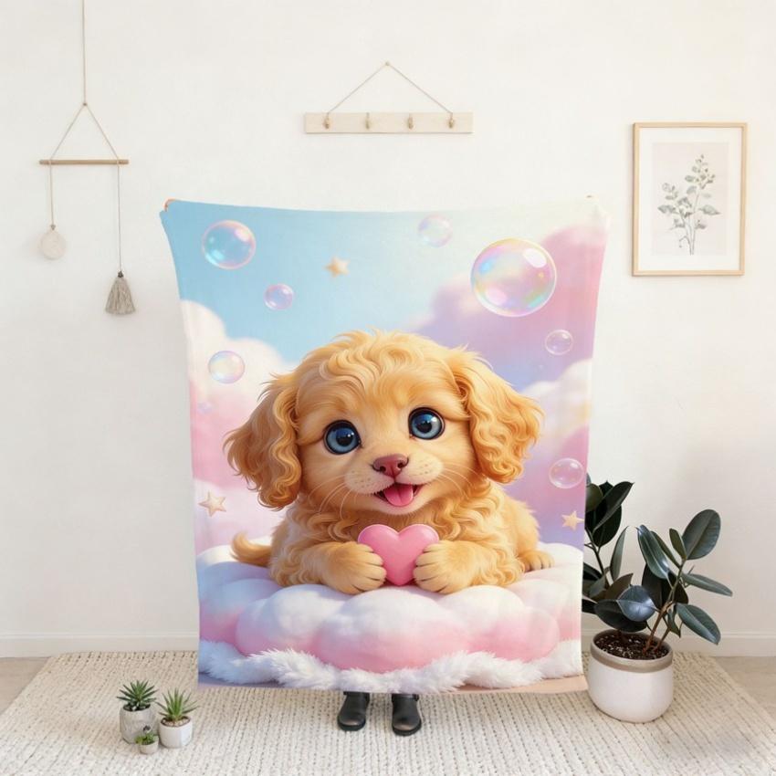 Cute Fluffy Golden Dog Pattern Flannel Printed Blanket Suitable for All Seasons Suitable for Living Room Office Sofa and Travel