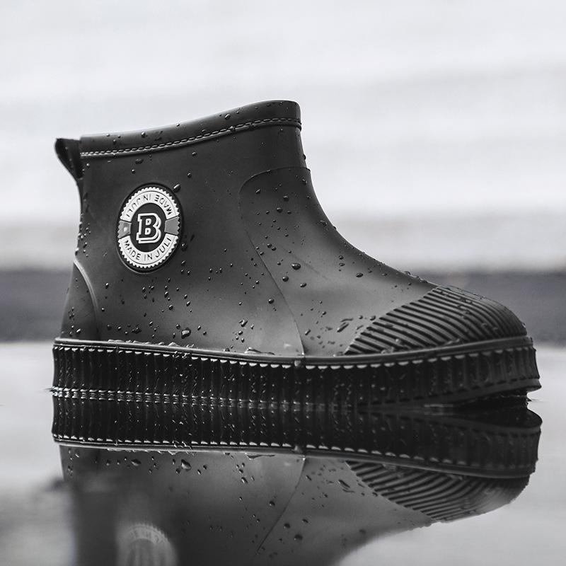 Rain shoes men's and women's short non-slip and waterproof fashion rain boots fleece thermal rubber shoes kitchen work short water shoes