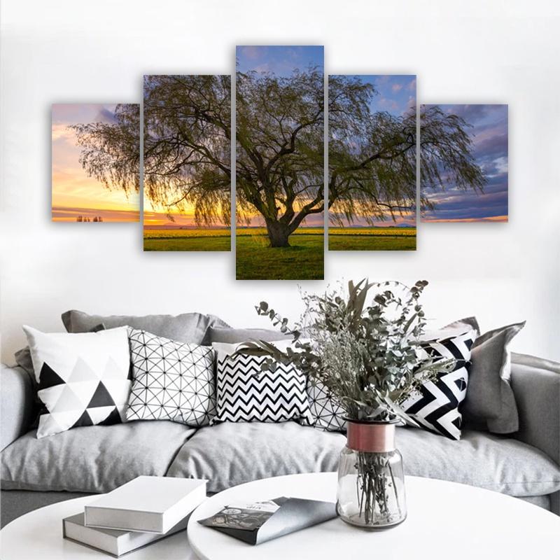 5 Panels Landscape Tree Posters Canvas Painting Sunset Sky Pictures Prints Wall Art For Living Room Modern Home Decor No Frame