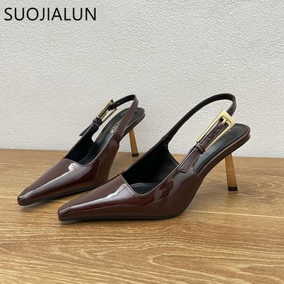 Moda SUOJIALUN Primavera Nueva Marca Sandalia para Mujer Moda Punta Fina Poco Profundas Slip-On Slingback Zapatos Tacón Alto Fino Exterior Zapatos de Tacón para Vestir