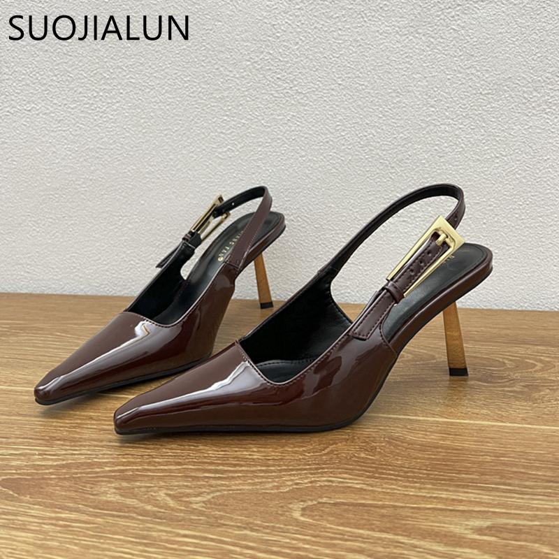 Fashion SUOJIALUN Spring New Brand Women Sandal Fashion Pointed Toe Shallow Slip On Slingback Shoes Thin High Heel Outdoor Dress Pumps