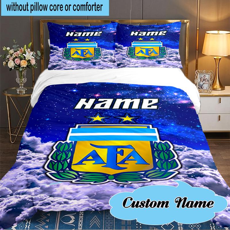 Custom Name Argen-tina Football Crest Bedding Set 3pcs, Bedding Set Including 1pc Duvet Cover And 2pcs Pillowcases for Bedroom, Dormitory Gift