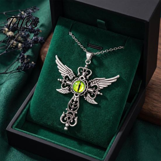 Personalized Dark Style Accessory Devil Eye Pendant Necklace, Gothic Winged Religious Charm Detailed Metal Engraving Statement Vintage Punk