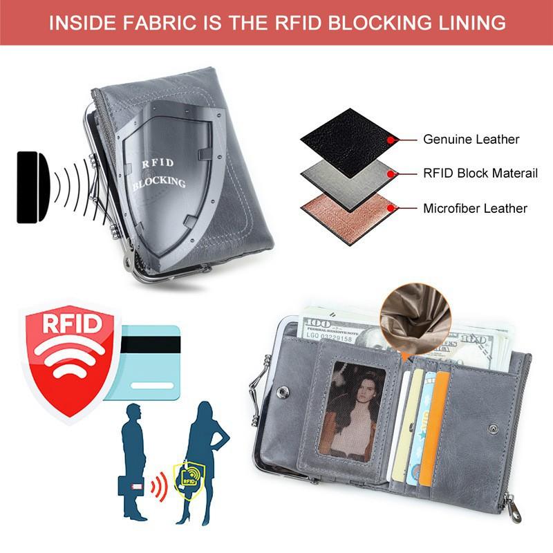 Head Layer Cowhide RFID Anti Magnetic Women's Wallet Casual Iron Hinge Multifunctional Short Leather