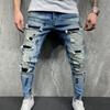 Men Jeans Ripped Whitewashed Multi Pockets Bottoms Skinny Washable Denim Pants Streetwear
