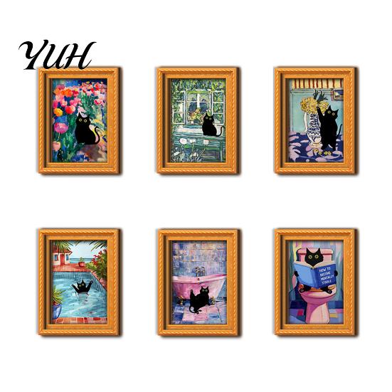 Metal Doors Decorative Magnets Oil Painting Cat Refrigerator Magnet, Wooden Frame Black Photo Theme Retro Rectangle Magnetic Decoration Fridge