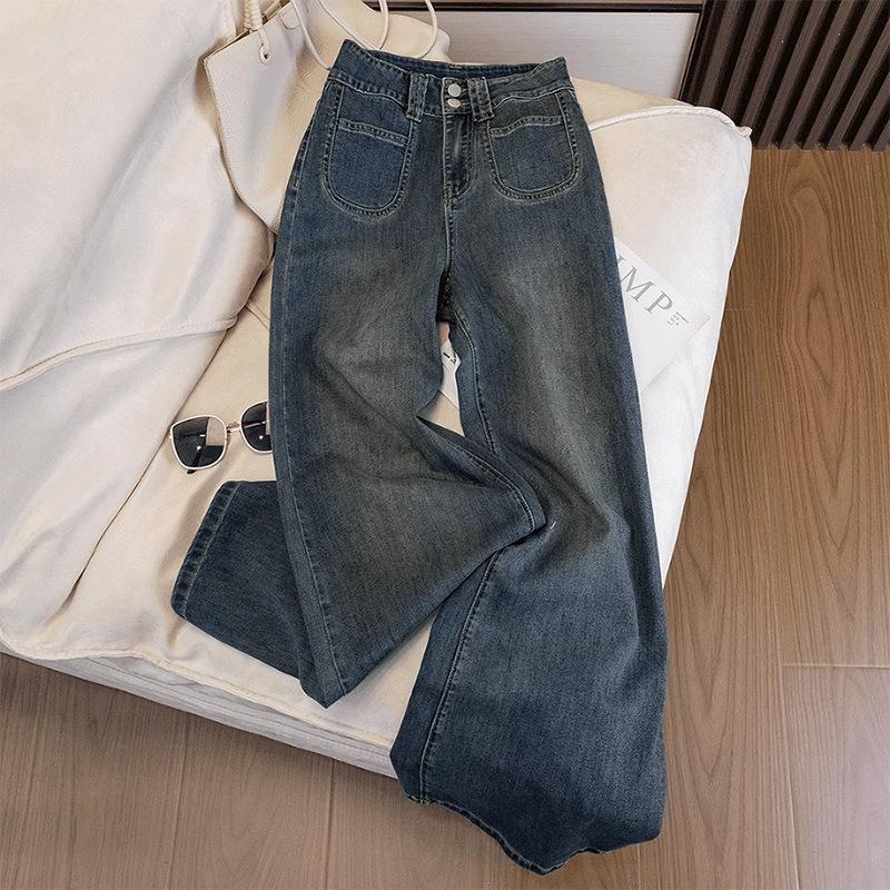 Fleece thickened jeans women's winter pear-shaped body loose high waist thin straight wide-leg pants