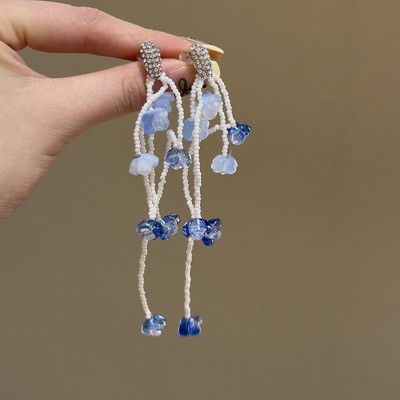 Vintage kontrastierende Blumen Perlen Quasten Ohrringe Sommer süßes Mädchen Herz Ohrringe Reise Foto Urlaubsstil Ohrringe